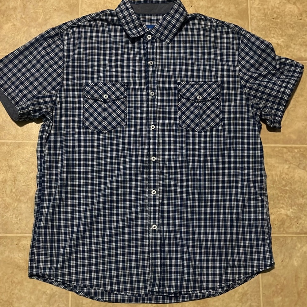 Michael Brandon western  blue plaid short sleeve pearl button up shirt